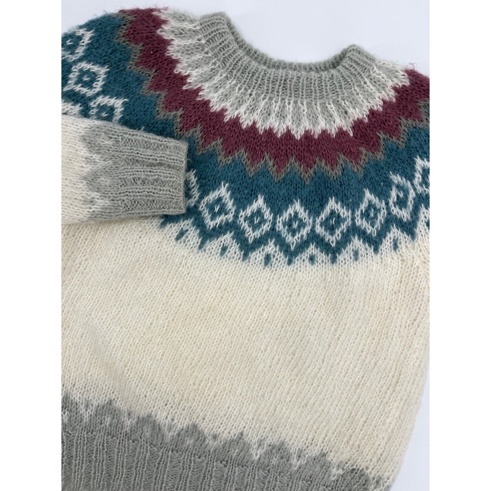 Deans of Scotland Fair Isle Fuzzy Knit Sweater Womens Medium Cream Nordic Yoke‎